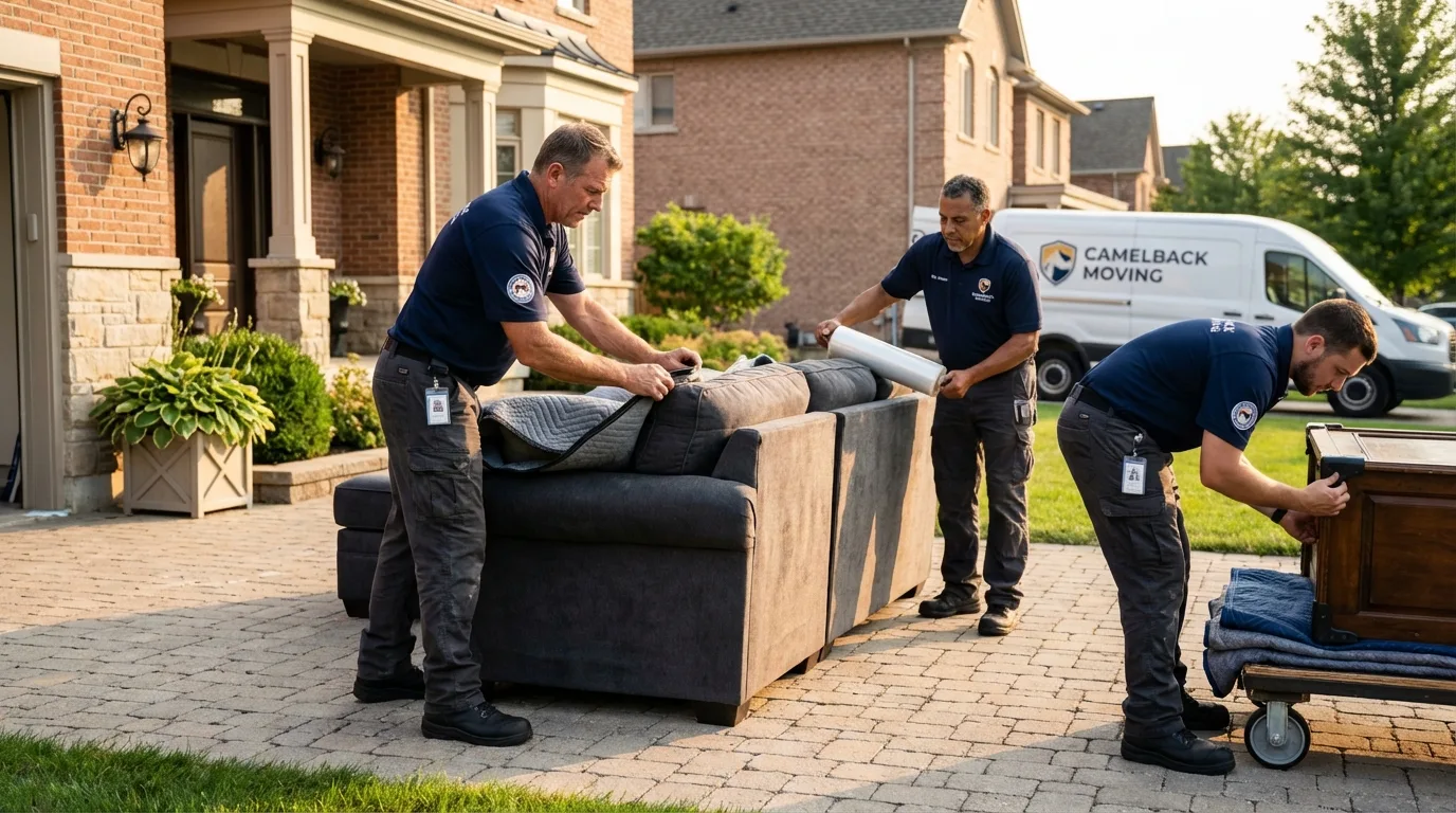 Large estate moving crew wrapping furniture in North Scituate, RI