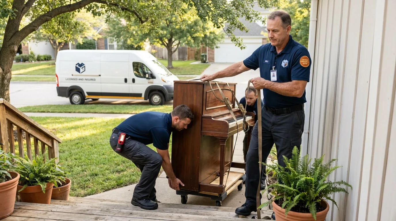Licensed piano movers securing grand piano in North Scituate, RI