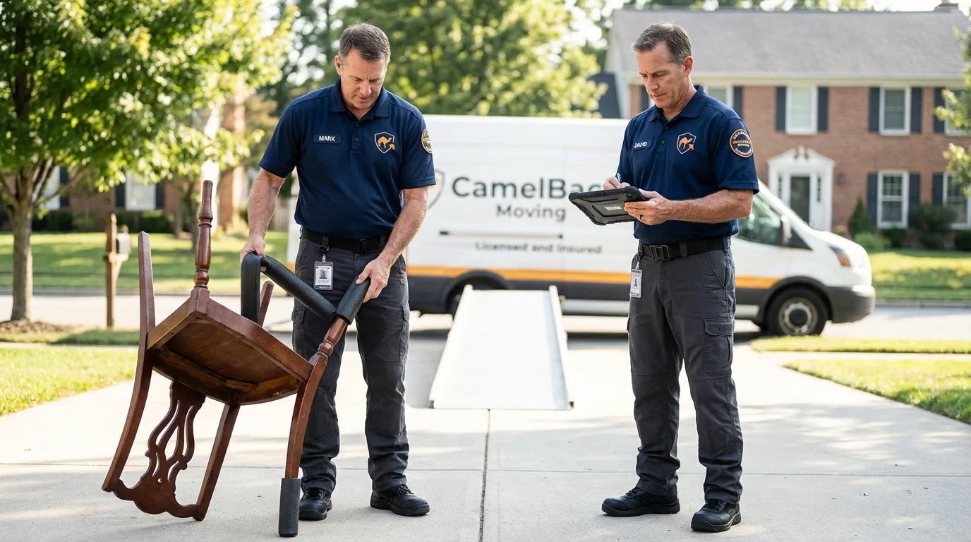 Movers inspecting furniture for damage prevention before loading in North Scituate, RI