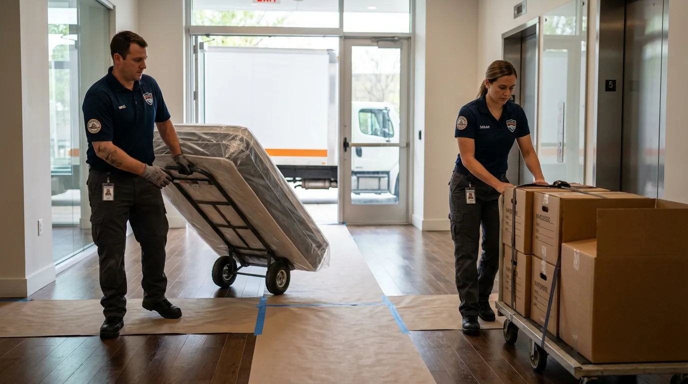 Professional apartment movers loading elevator in North Scituate, RI