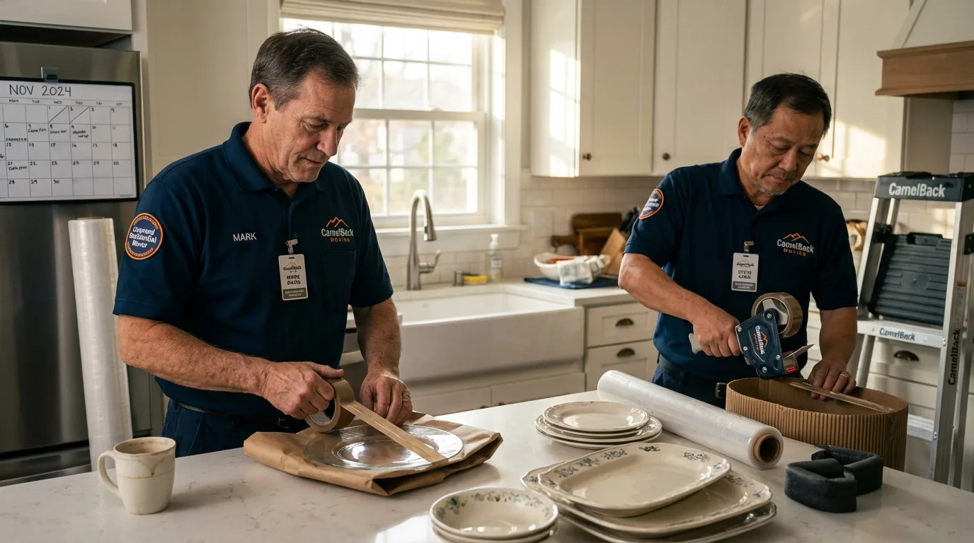 Professional crew packing kitchen dishware in North Scituate, RI